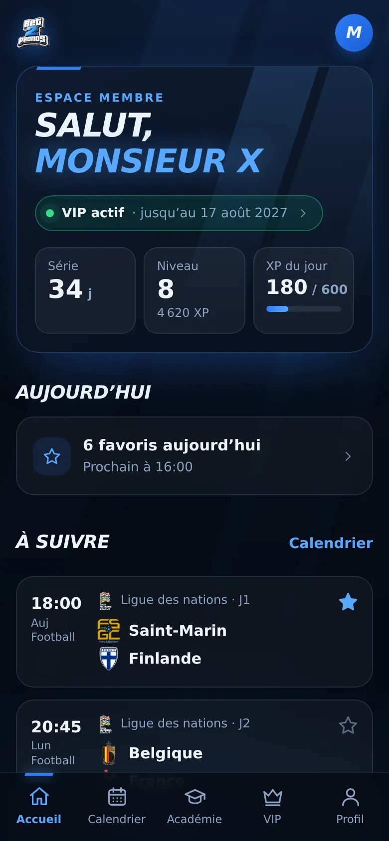 Accueil de l’application : série de 34 jours, niveau 8, XP du jour, favoris et matchs à suivre