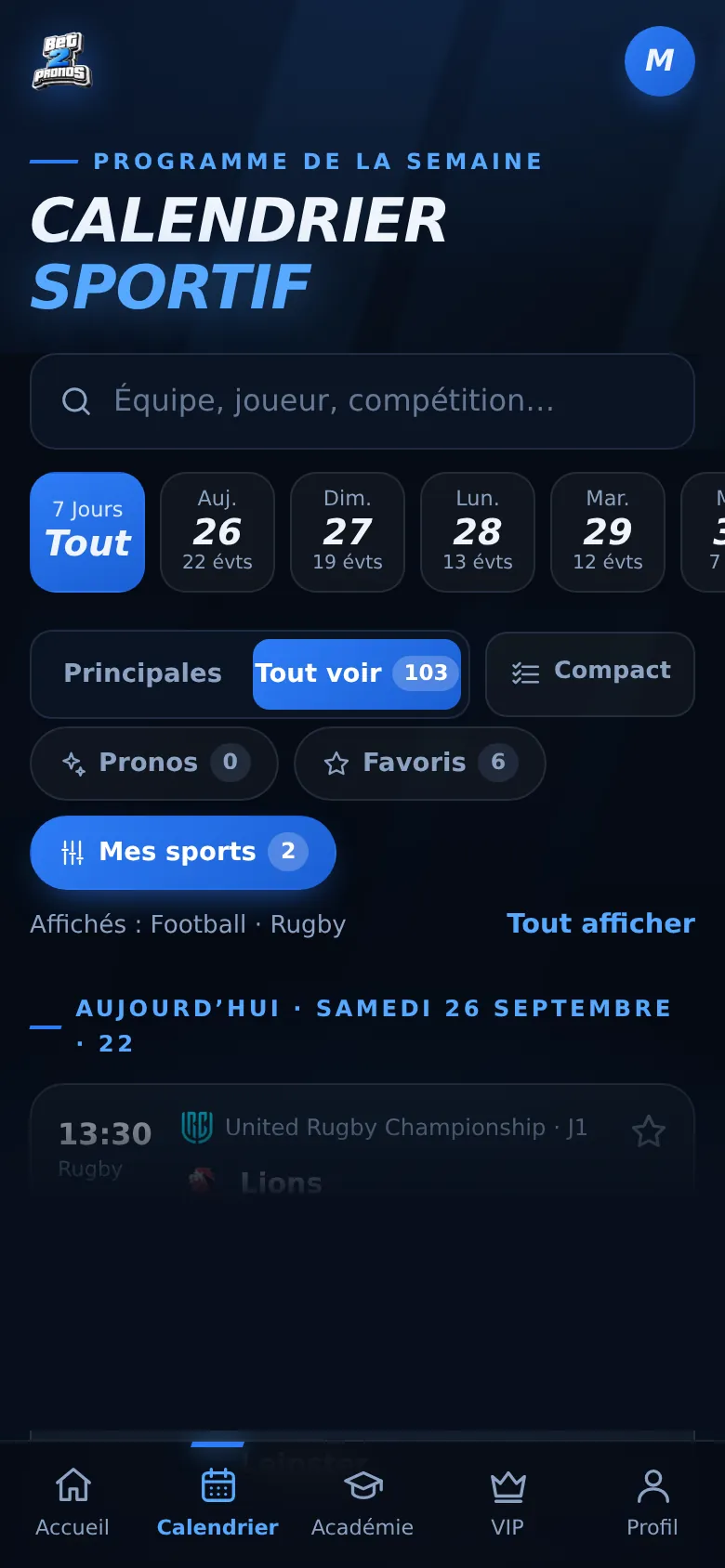 Calendrier sportif : programme de la semaine, filtres par jour et par sport