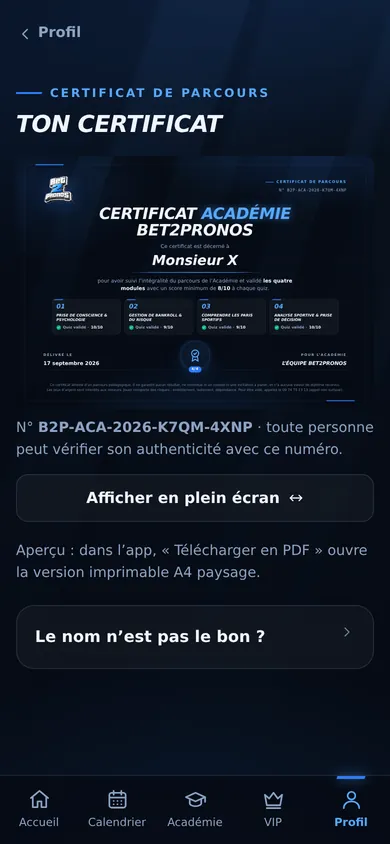 Écran du certificat de parcours de l’Académie