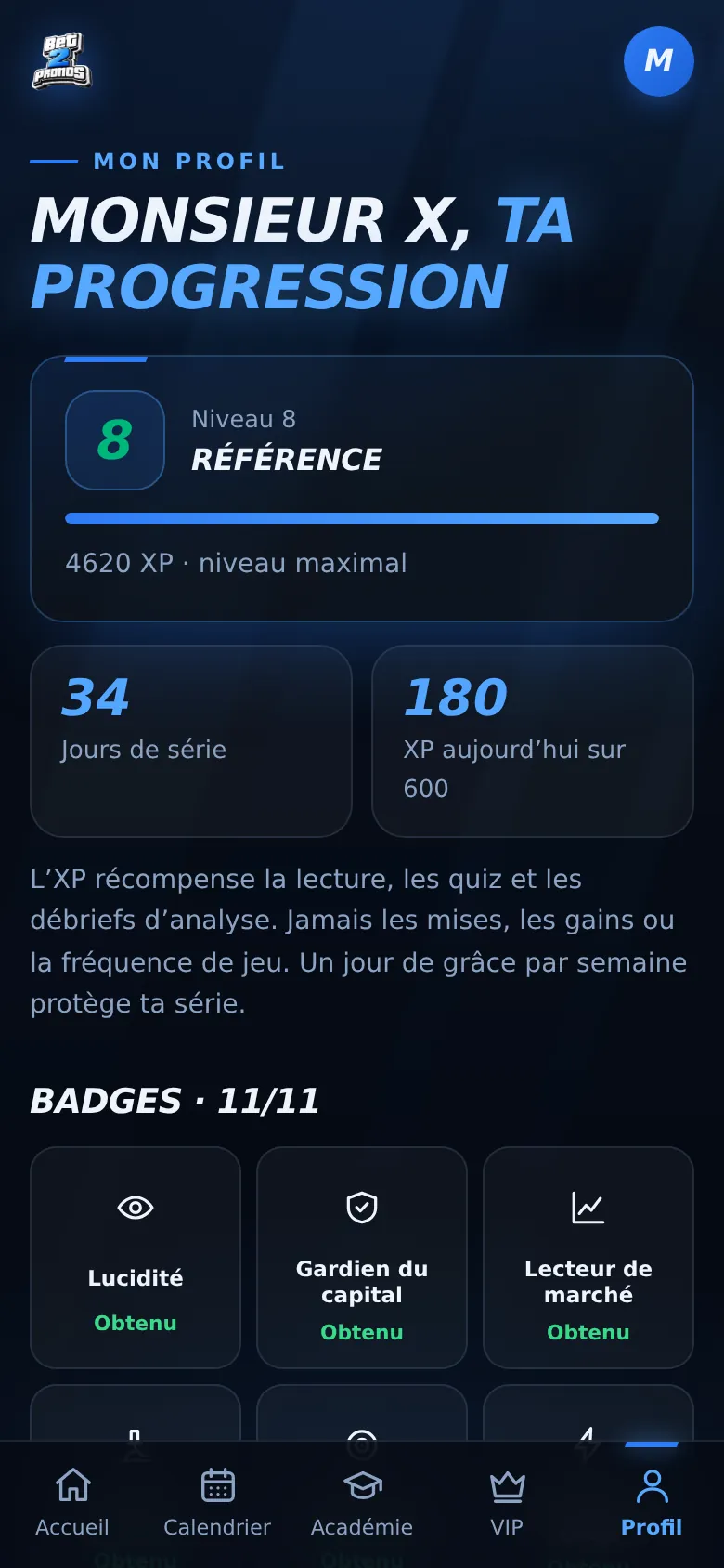 Profil : niveau, série, badges obtenus